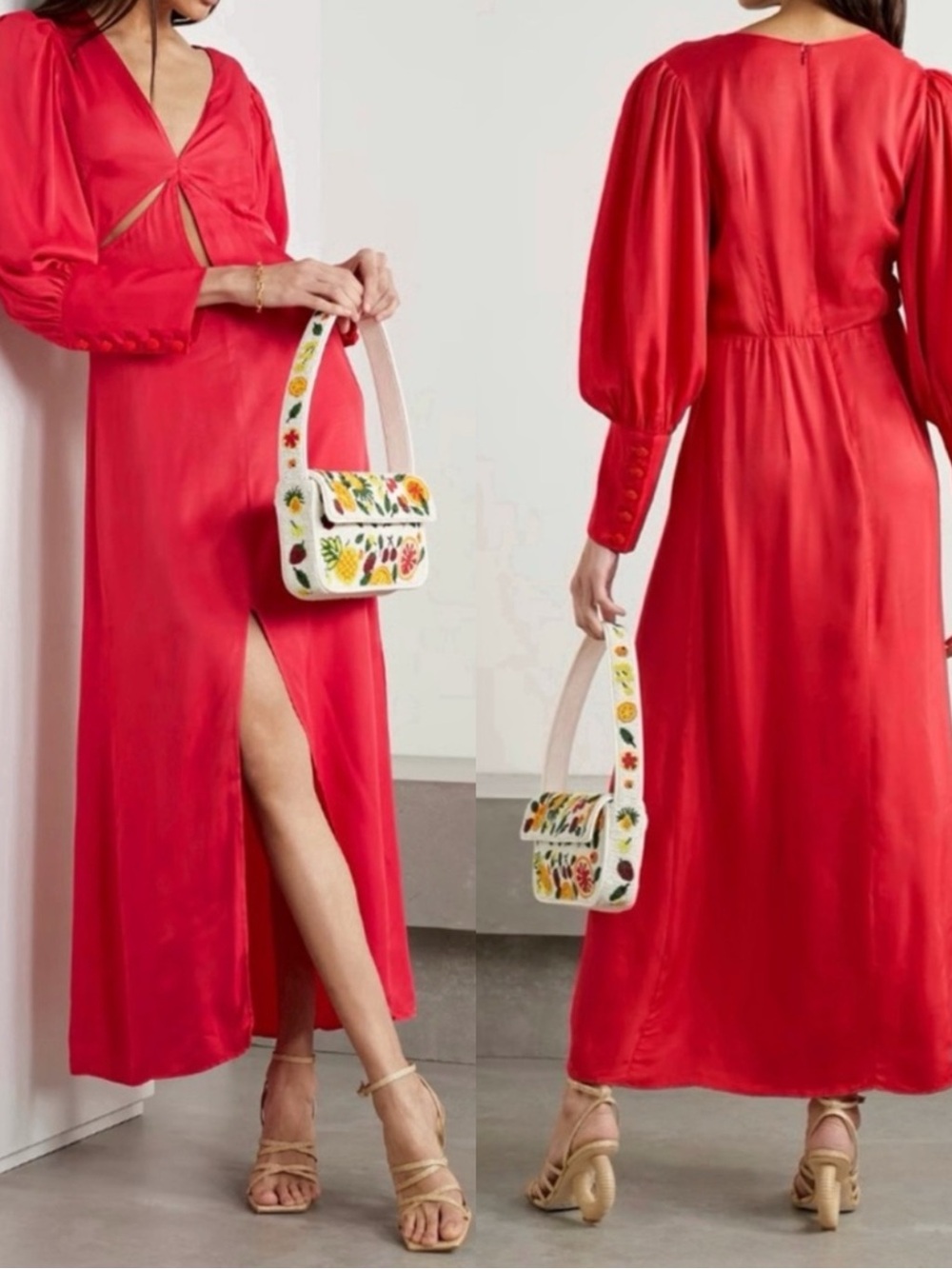 NWT FARM RIO Lenzing Ecovero Cut Out Red Sateen Long Sleeve Maxi Dress - Picture 3 of 12
